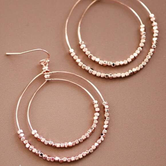 Rose Gold Hoop Dangle Earrings – Double Circle Beaded Drops – Lightweight NWT - Picture 1 of 9